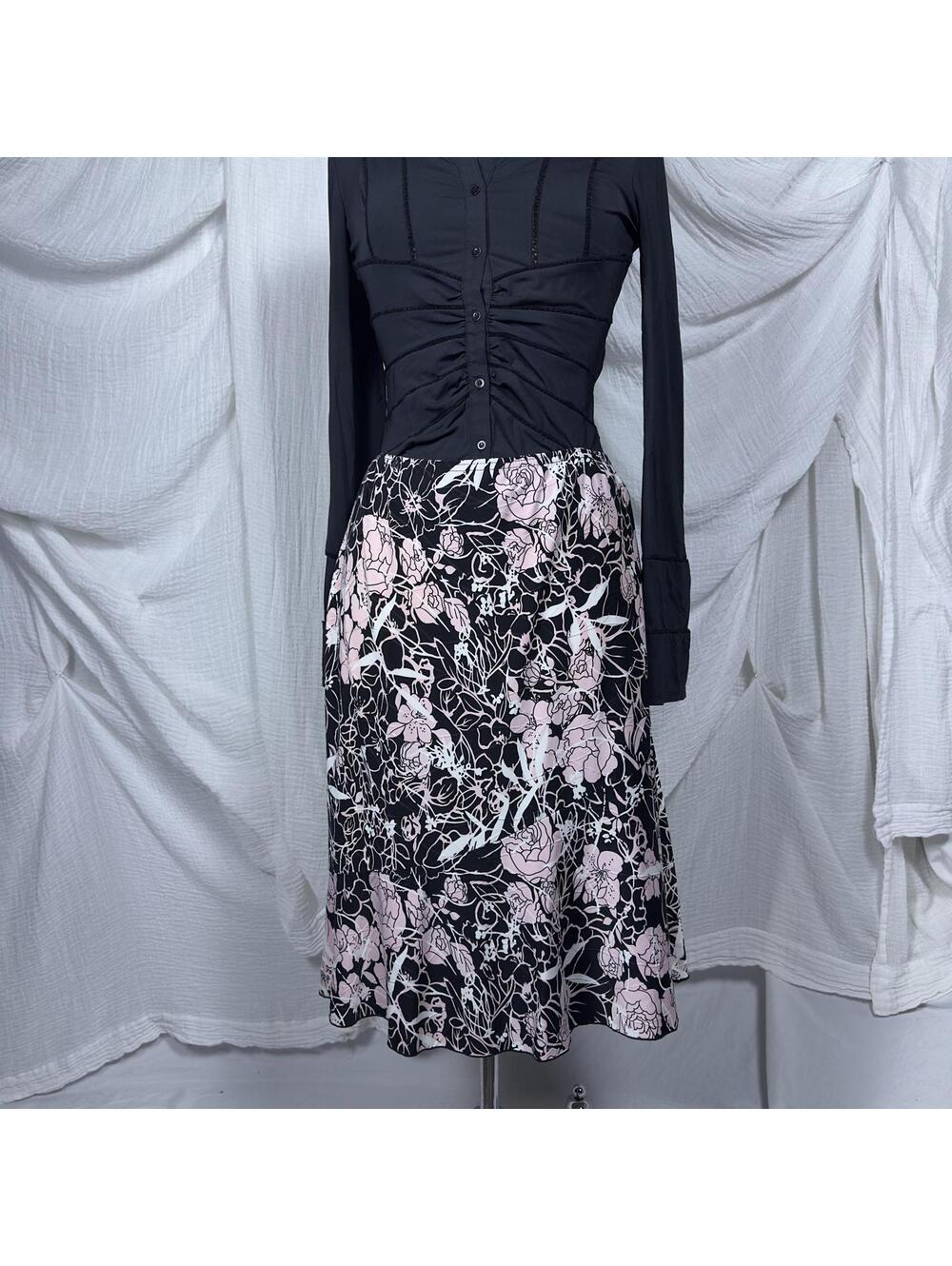 Vintage 2000s Y2k Preppy Cottage Coquette Fairy Floral Black & Pink Midi Skirt